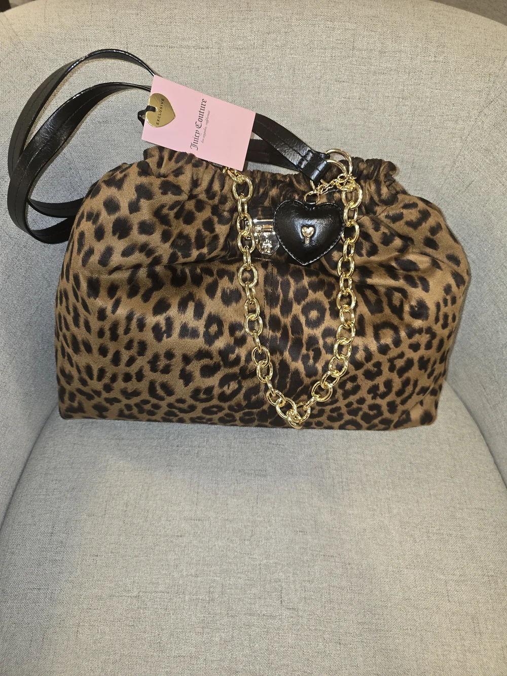 Juicy Couture Leopard Print Shoulder Bag with Gold Chain and Black Heart Charm